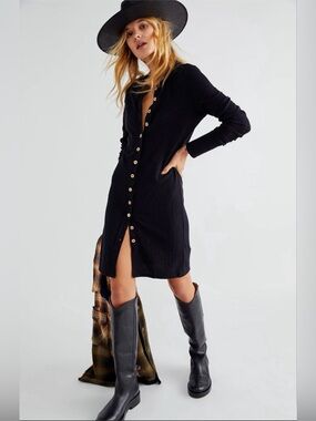 We the Free Gia Cardi Ribbed Button Up Cardigan Dress Sz S Black Simple Boho